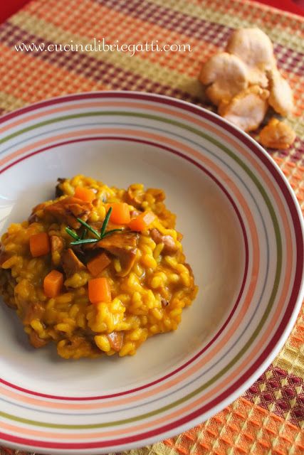 risotto zucca funghi zafferano finferli gallinacci ricetta primo vegetariano