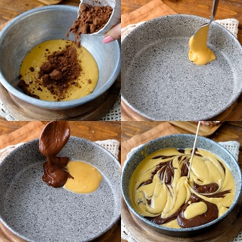 preparazione torta variegata zucca e cioccolato vegana